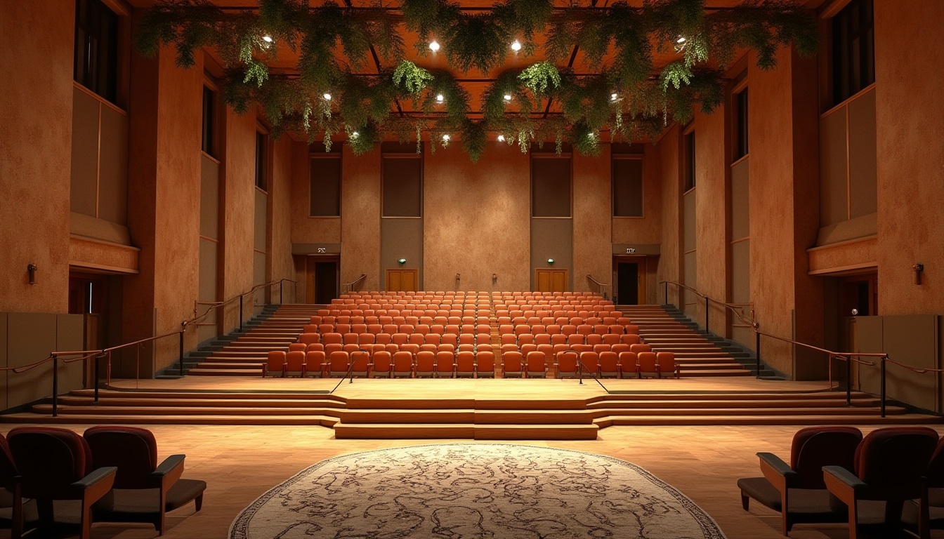 Prompt: African savanna, auditorium interior design, unique seating arrangement, wooden podium, natural stone walls, earthy tone color scheme, greenery hanging from ceiling, abstract animal patterned carpet, warm spotlighting, dramatic shadows, 3/4 composition, symmetrical architecture, grand entrance with wooden doors, rustic metal handrails, ambient lighting, sunset-inspired color palette.