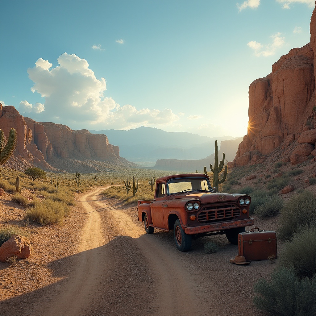 Prompt: Canyon, regionalism style, vast desert landscape, rocky cliffs, sandy dunes, cacti, Joshua trees, blue sky with few white clouds, warm sunlight casting long shadows, abandoned old pickup truck, rusty and worn, vintage suitcase, faded denim jacket, cowboy hat, boots, rugged terrain, winding dirt road, distant mountains, soft focus, cinematic composition, golden hour lighting, atmospheric perspective.