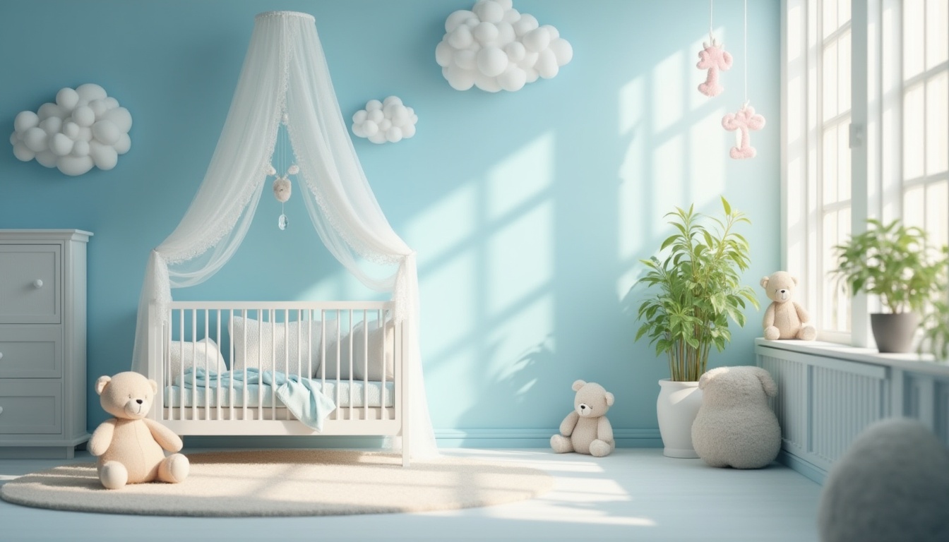 Prompt: Trendy nursery, baby blue walls, soft white furniture, fluffy cloud-shaped decorations, crib with delicate lace canopy, pastel blue bedding, stuffed animals in corner, giant flower pot, natural light pouring through large window, warm and cozy atmosphere, shallow depth of field, beautiful bokeh, gentle focus on crib area.