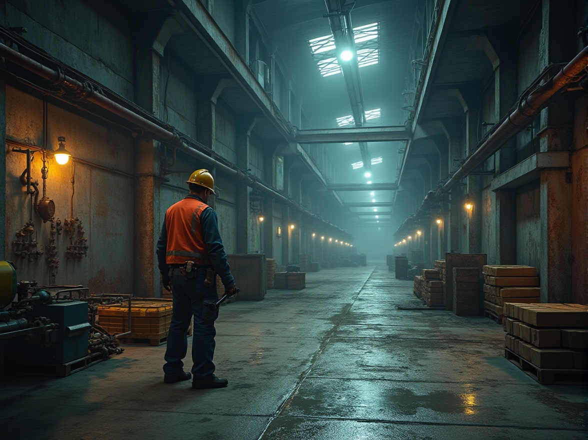 Prompt: industrial area, factory building, rusty steel beams, concrete floor, metal pipes, valves, machinery, control panels, warning signs, worker in orange vest, hard hat, tool belt, gloves, holding wrench, standing near forklift, pallets of crates, shipping containers, dim fluorescent lighting, high ceiling, urban landscape, cityscape background, misty atmosphere, cinematic composition, low-angle shot.