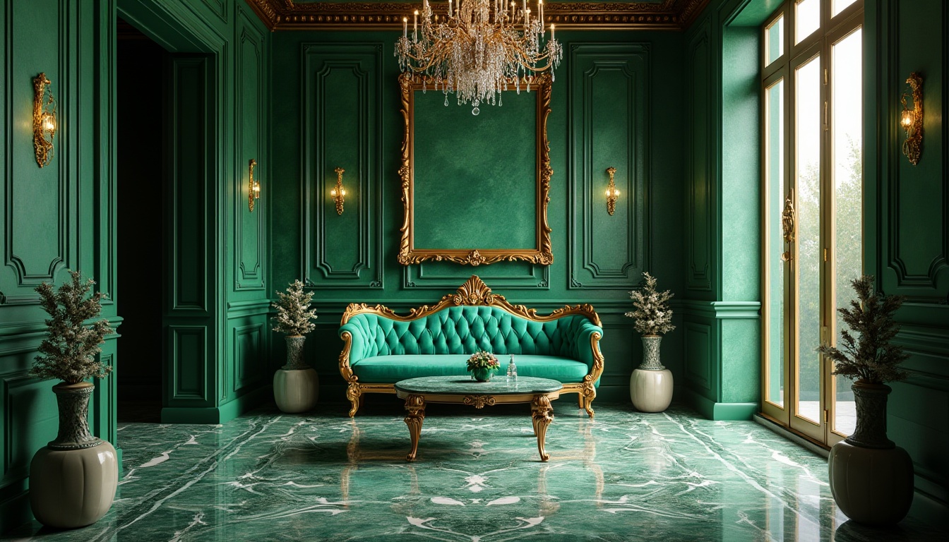 Prompt: Malachite-inspired design, luxurious interior, emerald green walls, ornate gold frame, velvet furniture, crystal chandelier, marble floors, intricate patterns, boudoir-style setting, softbox lighting, 3/4 composition, depth of field, cinematic ambiance, morning sunlight, warm atmosphere.