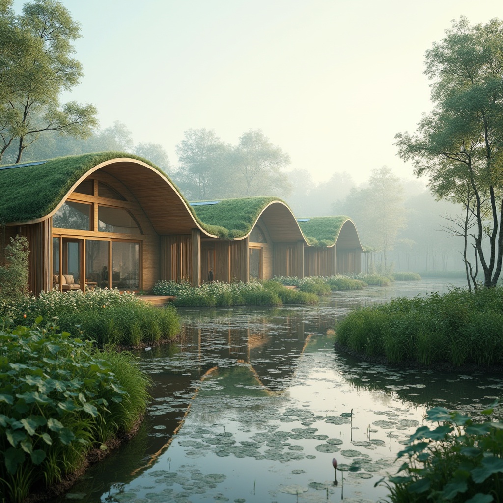 Prompt: Eco-friendly wetland architecture, modern sustainable design, curved lines, green roof, solar panels, rainwater harvesting system, natural ventilation, recycled materials, wooden structure, lush vegetation, water lilies, cattails, shallow waters, muddy banks, misty morning atmosphere, soft diffused light, panoramic view, 3/4 composition, nature reserve, serene ambiance.