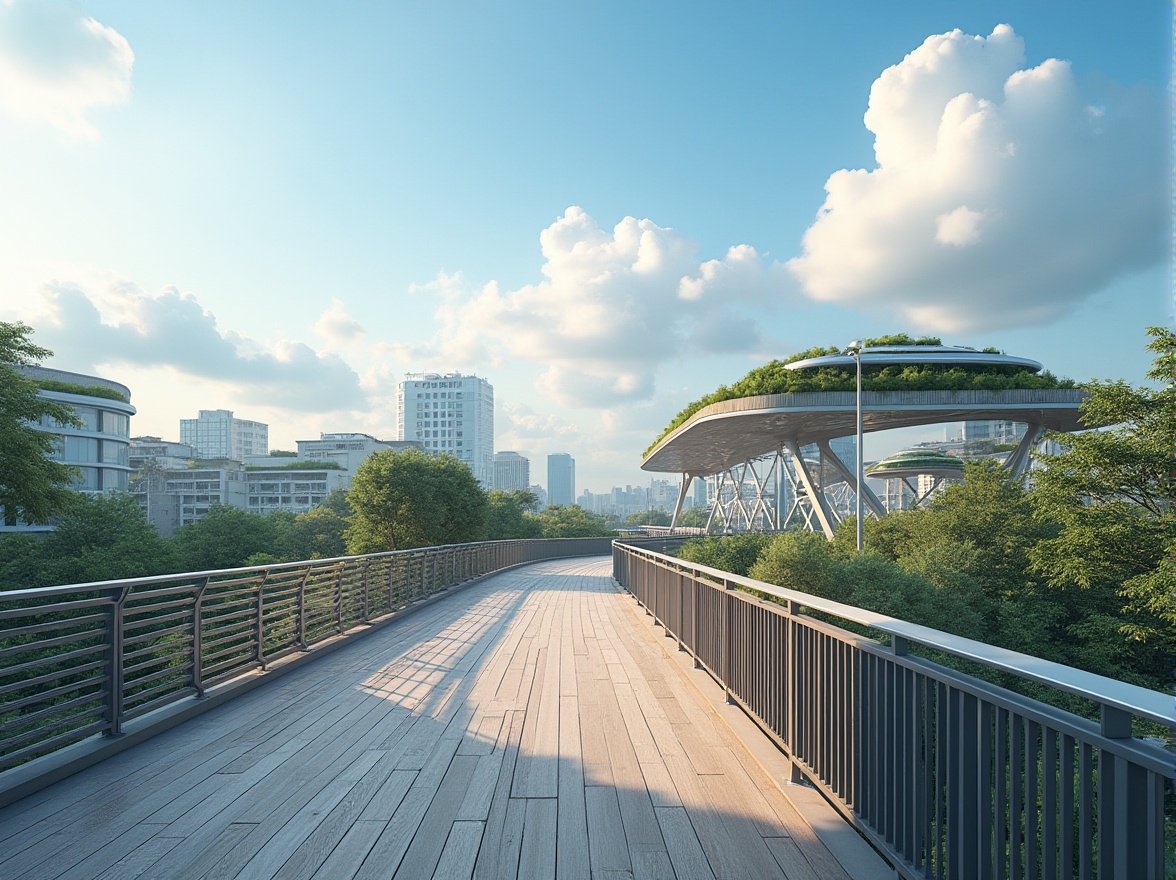 Prompt: Urban pedestrian bridge, sustainable design principles, modern architecture, steel structure, wooden deck, green roofs, solar panels, LED lighting, minimalist railings, curved lines, dynamic shape, cityscape background, blue sky, fluffy white clouds, gentle breeze, afternoon sunlight, soft shadows, 3/4 composition, panoramic view, ambient light, cinematic atmosphere.