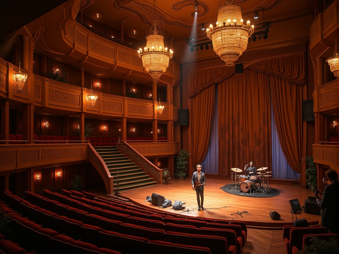 Prompt: Savannah, unique auditorium, concert hall, grand staircase, luxurious chandeliers, African-inspired patterns, wooden flooring, soundproof walls, velvet curtains, golden accents, VIP lounge area, spotlights, microphone, drum set, electric guitar, live performance, evening atmosphere, warm lighting, soft shadows, 3/4 composition, cinematic perspective, depth of field, realistic textures.