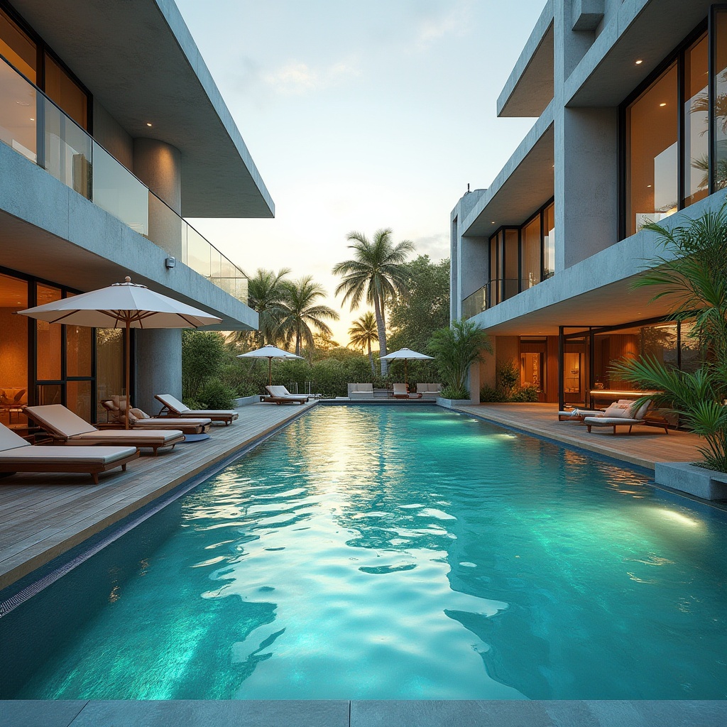 Prompt: Modern swimming pool, futuristic design, metabolism style architecture, irregular shapes, vibrant turquoise water, glass walls, steel beams, concrete floors, sleek lines, minimalist decor, tropical plants, palm trees, lounge chairs, umbrella tables, wooden deck, sunset ambiance, soft warm lighting, 3/4 composition, wide-angle lens.