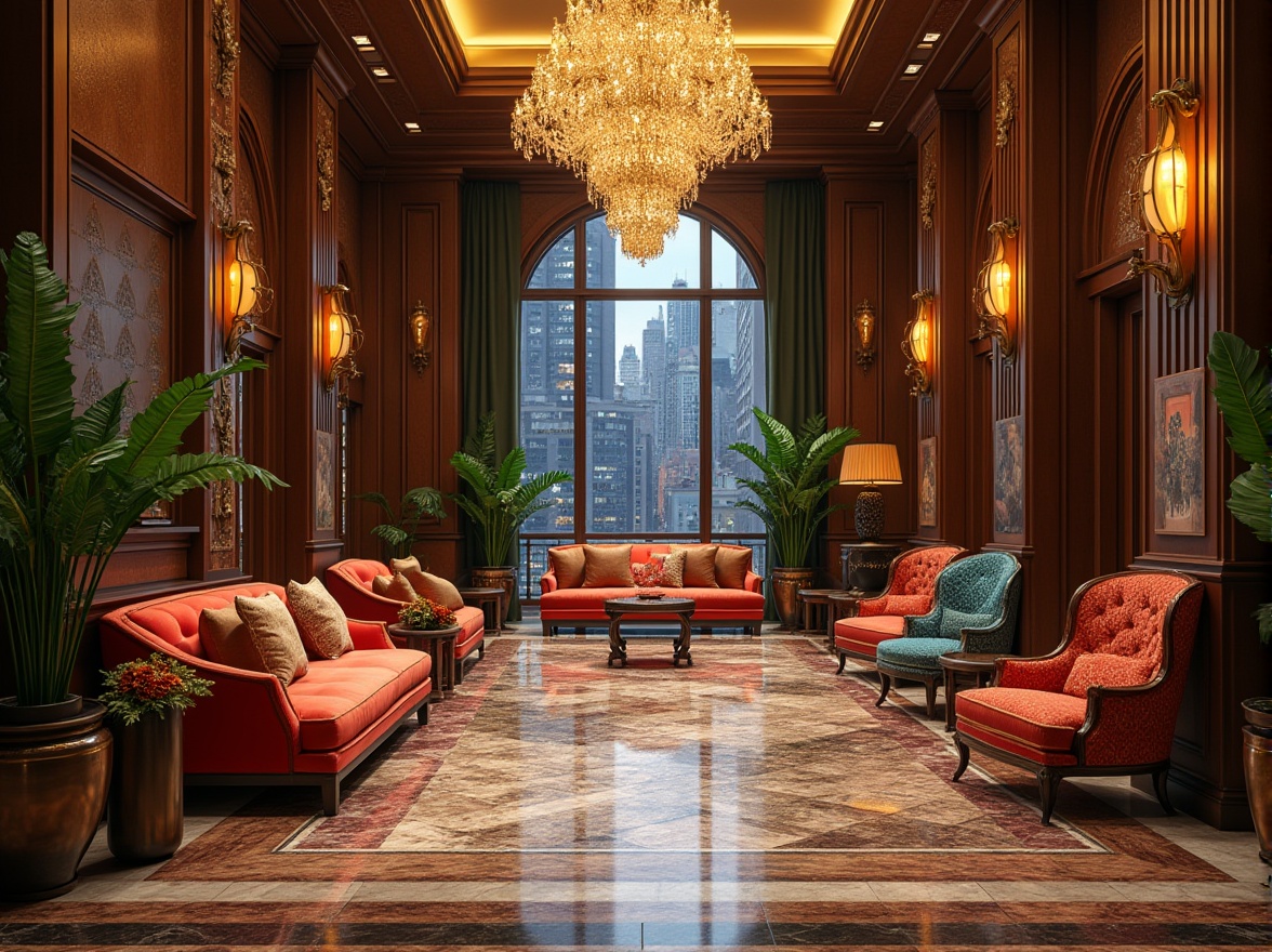 Prompt: Luxurious hotel lobby, eclectic fusion style, grandiose chandelier, marble flooring, ornate wooden walls, vintage furniture, bold color accents, exotic plants, intricate patterns, luxurious fabrics, opulent decorations, warm lighting, 3/4 composition, shallow depth of field, cinematic ambiance, boutique hotel, urban skyscraper, metropolitan cityscape.