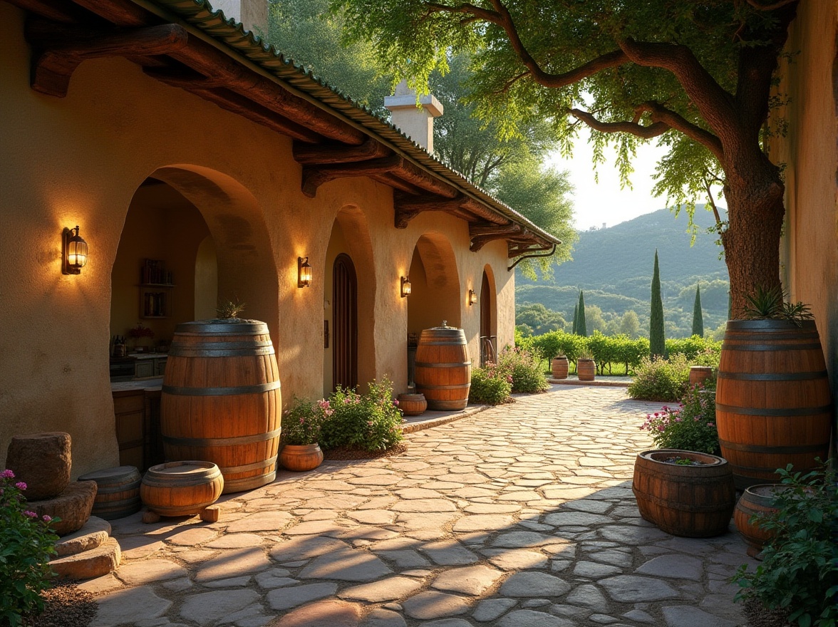 Prompt: Wineries, rustic winery, earthy tone, natural materials, rammed earth walls, textured surface, rough-hewn wooden beams, green roof, lush vines, wine barrels, fermentation tanks, dim warm lighting, cozy atmosphere, Tuscan landscape, rolling hills, cypress trees, stone pathways, Mediterranean climate, warm sunny day, soft focus, shallow depth of field.