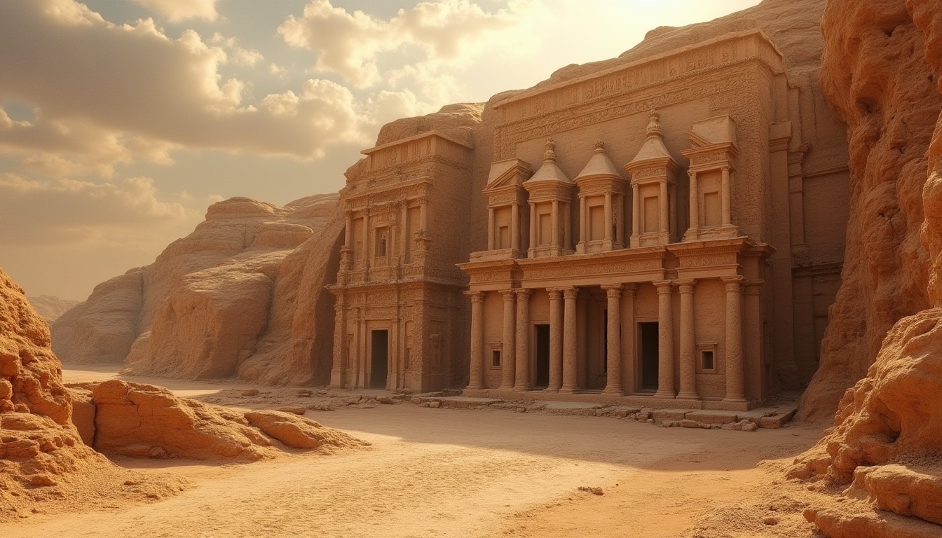 Prompt: Ancient monument, desert landscape, sandy terrain, detailed stone carvings, intricate hieroglyphics, massive stone blocks, sandstone walls, weathered surface, rough texture, monumental architecture, grand scale, warm golden lighting, dramatic composition, low-angle shot, heroic perspective, ancient civilization, mysterious atmosphere.