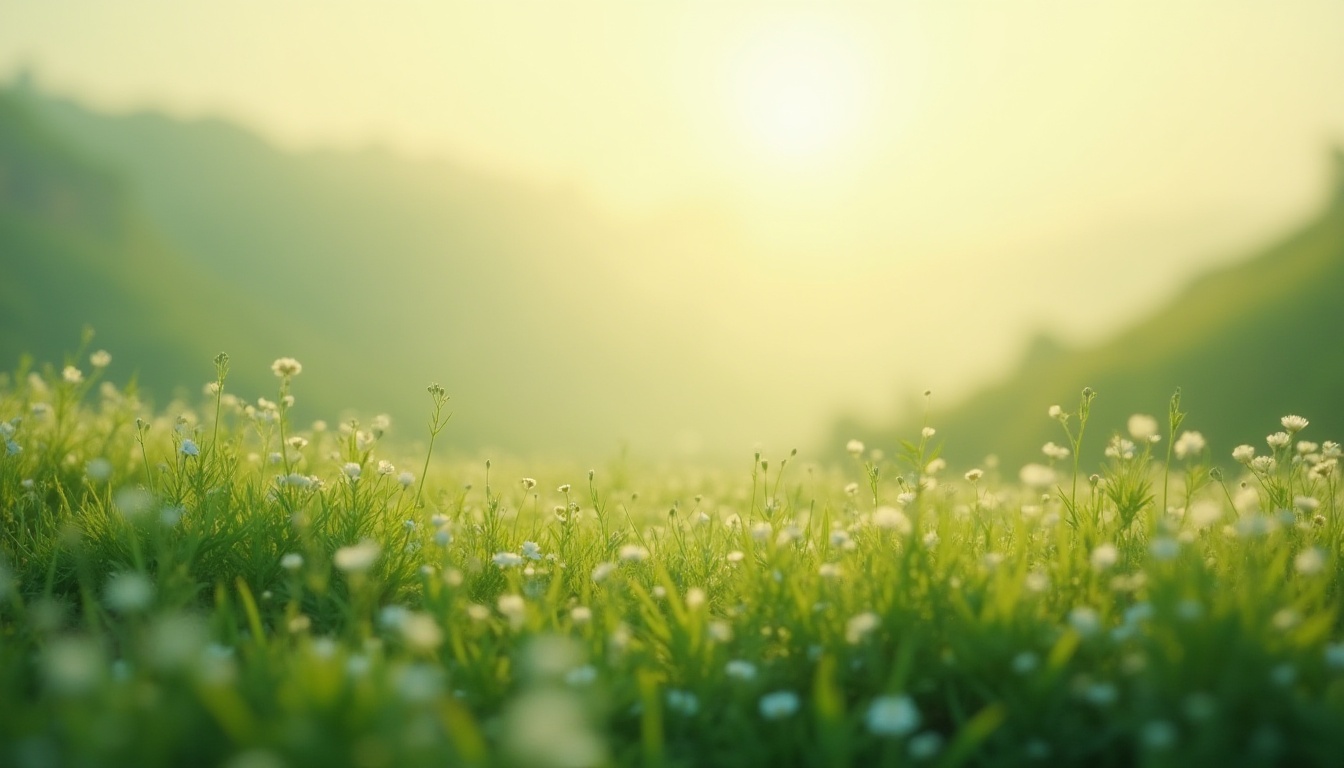 Prompt: pale green, calming atmosphere, serene landscape, misty morning, gentle hills, soft sunlight, dewy grass, tiny wildflowers, delicate petals, subtle texture, peaceful ambiance, soothing mood, natural scenery, warm lighting, shallow depth of field, cinematic composition, vibrant color palette, soft focus, dreamy quality.