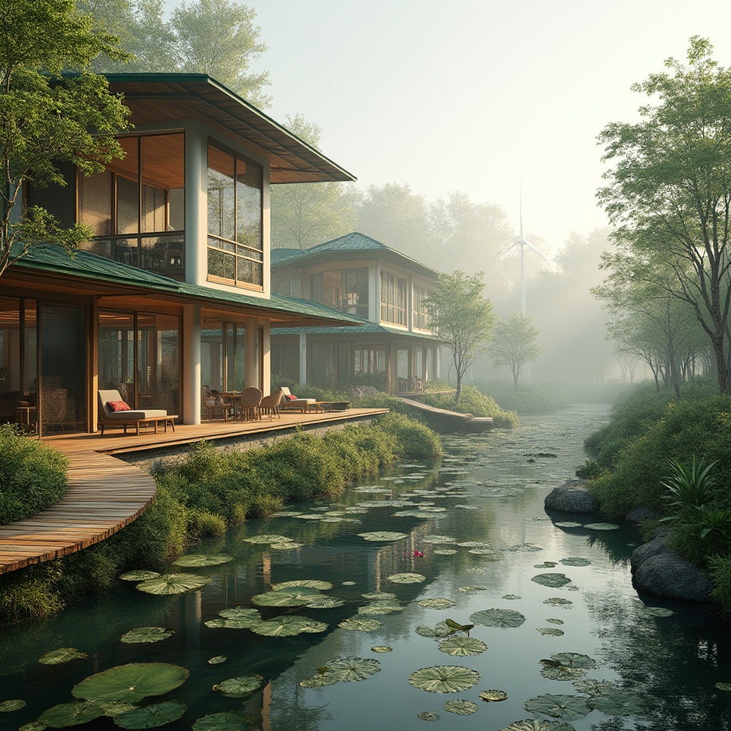 Prompt: Luxurious hotel, modern architecture, eco-friendly design, surrounded by wetlands, mangrove trees, water lilies, murky waters, wooden boardwalks, observation decks, floor-to-ceiling windows, natural light, minimalist interior, earthy tones, wicker furniture, green roofs, solar panels, wind turbines, misty atmosphere, soft morning light, serene ambiance, 3/4 composition, panoramic view, shallow depth of field.