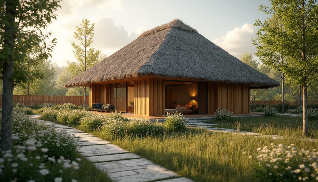 Prompt: Thatched roof villa, modern minimalist architecture, natural materials, earthy tone, rustic charm, wildflower garden, winding stone path, wooden fence, lush greenery surroundings, warm afternoon sunlight, soft shadows, 3/4 composition, shallow depth of field, cinematic lighting, realistic texture, detailed thatch pattern.