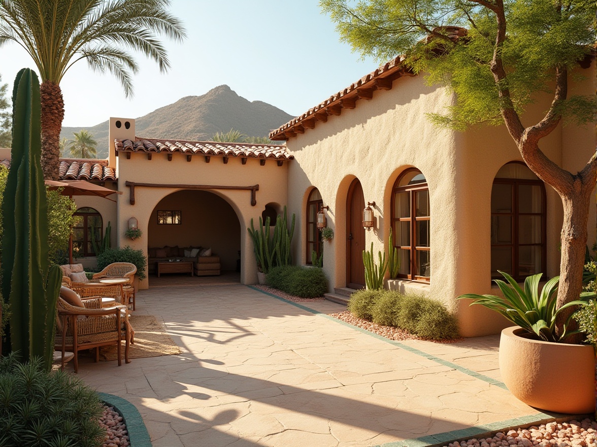 Prompt: Desert villa, exterior, Gainsboro color, stucco walls, arched windows, Spanish-style roof tiles, lush greenery, palm trees, succulents, cacti, warm sunlight, soft shadows, 3/4 composition, natural ambiance, earthy tones, rustic charm, Southwestern architecture, adobe-inspired design, warm beige accents, terracotta pots, outdoor furniture, woven textiles.