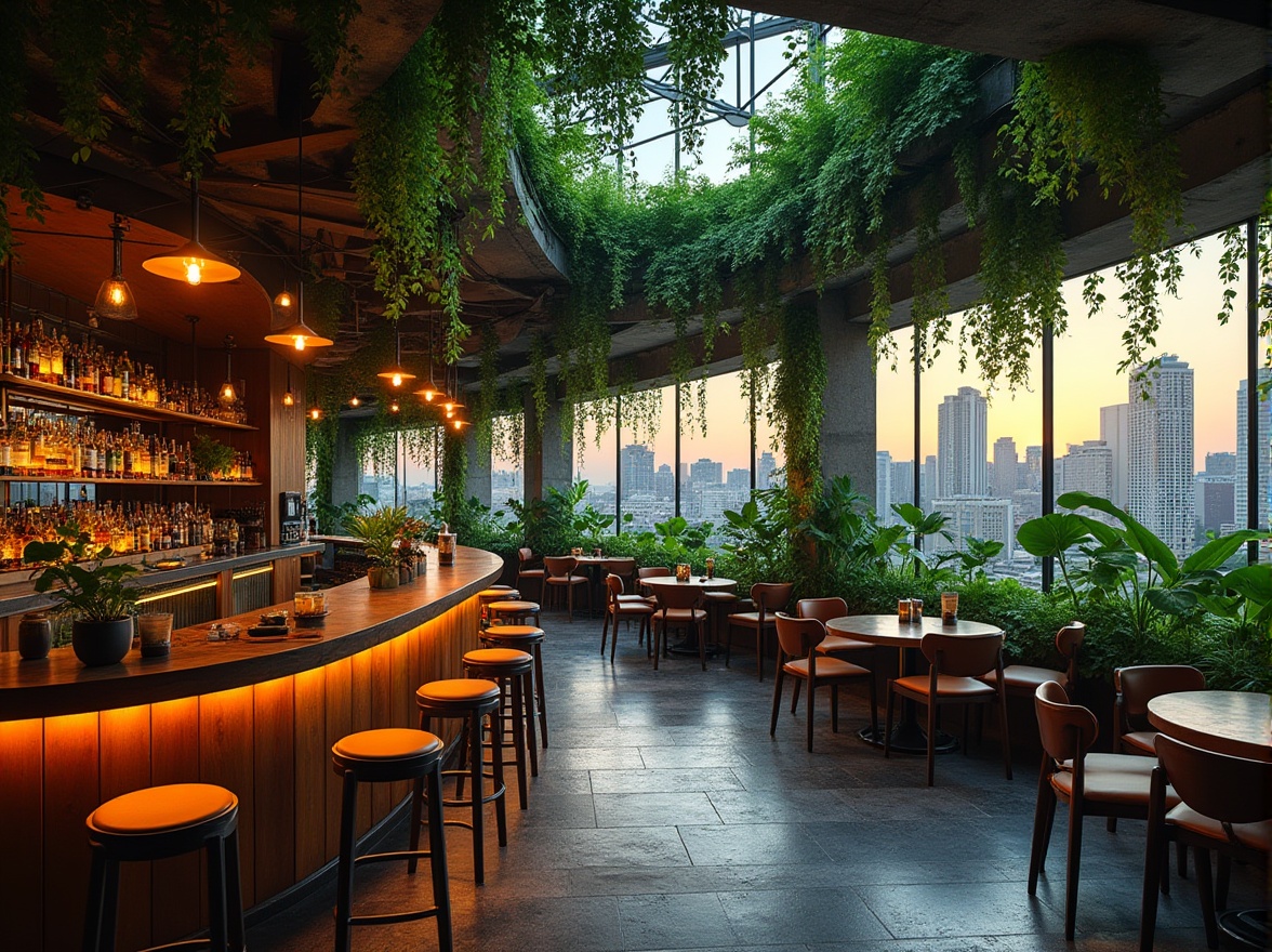 Prompt: Modern urban bar, green architecture, rooftop garden, lush vegetation, recycled materials, wooden accents, living walls, vertical gardens, minimalist decor, earthy tones, natural lighting, floor-to-ceiling windows, cityscape view, sustainable practices, eco-friendly design, steel beams, reclaimed wood, industrial chic, metallic textures, evening atmosphere, warm ambient lighting, 3/4 composition, shallow depth of field.