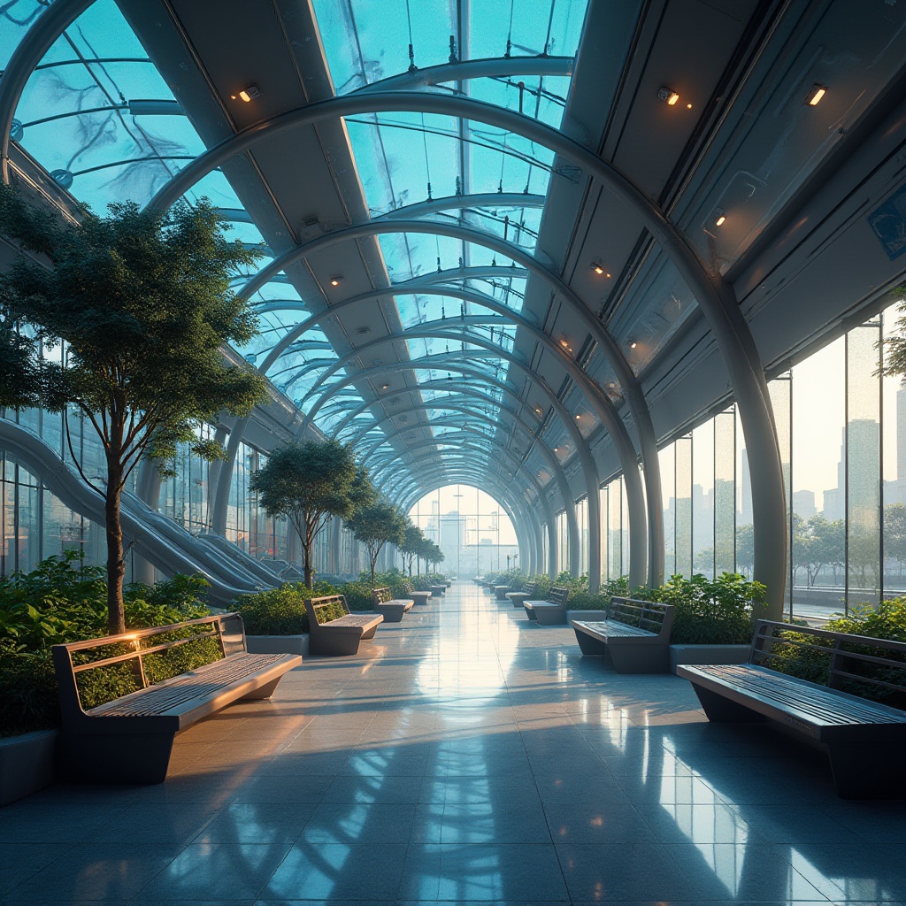 Prompt: Futuristic bus station, sleek lines, metallic structure, glass roof, vibrant LED lights, digital display screens, modern benches, greenery walls, natural stone floor, inclined escalators, spacious waiting area, panoramic view, cityscape background, morning light, soft shadows, 3/4 composition, cinematic atmosphere.