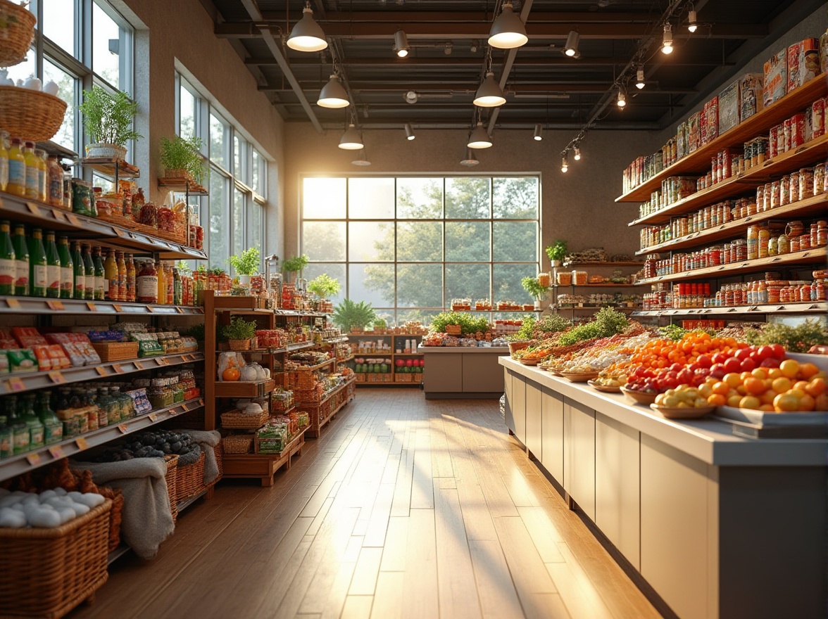 Prompt: Modern grocery store interior design, shelves stacked with colorful products, natural light pouring through large windows, wooden floorboards, metal racks, glass displays, woven wicker baskets, cotton fabric banners, polyester blended curtains, linen tablecloths, velvet soft cushions, matte finished stainless steel counters, ceramic tile walls, realistic reflections, 3/4 composition, warm softbox lighting, afternoon sunbeam, shallow depth of field.