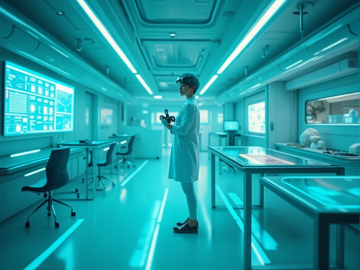 Prompt: Teal-colored futuristic laboratory, sci-fi setting, sleek metallic walls, neon teal accents, glowing teal lines on floor and ceiling, minimalist furniture, high-tech equipment, transparent glass tables, ergonomic chairs, solo female scientist, short teal hair, white lab coat, goggles on forehead, holding a futuristic device, intense focus, standing near a massive screen displaying data, soft blue-teal lighting, cinematic composition, shallow depth of field, HDR.