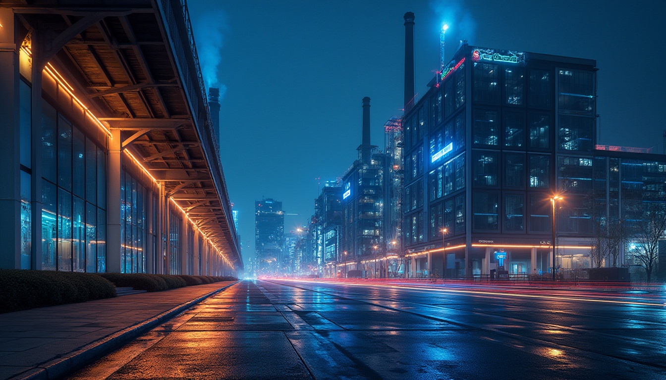 Prompt: Modern industrial energy plant, structuralism style, futuristic architecture, metallic materials, steel beams, glass panels, minimalist decor, sleek lines, angular shapes, vibrant LED lighting, urban landscape, cityscape, night scene, dramatic shadows, low-angle shot, cinematic composition, high-tech atmosphere, dynamic lighting effects, neon lights reflection on wet pavement.