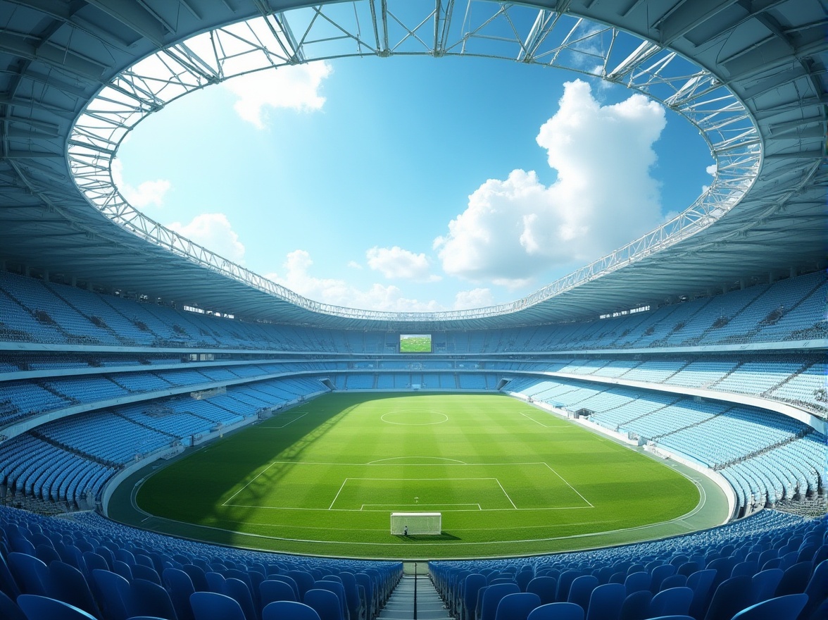 Prompt: stadium, athletic field, light blue seats, refreshing atmosphere, sunny day, clear sky, fluffy white clouds, green grass, vibrant stadium lights, modern architecture, steel beams, concrete structure, sleek lines, dynamic curves, afternoon sunlight, soft shadows, 3/4 composition, panoramic view, ambient light.