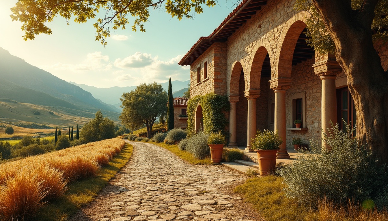 Prompt: Rustic farmhouse, Romanesque architecture, stone walls, terracotta rooftops, grand archways, ornate columns, countryside, rolling hills, green pastures, wheat fields, vineyards, olive groves, cypress trees, distant mountains, sunny afternoon, warm golden light, soft shadows, 3/4 composition, cinematic framing, realistic textures, ambient occlusion.