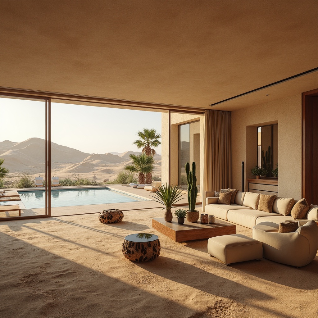 Prompt: Desert landscape, sandy dunes, architectural design, modern villa, luxurious interior, sandy texture, rough surface, warm beige color, soft natural lighting, 3/4 composition, shallow depth of field, ornate furniture, wooden accents, glass coffee table, potted cactus plants, floor-to-ceiling windows, sliding doors, outdoor pool area, lounge chairs, beach balls, summer atmosphere.