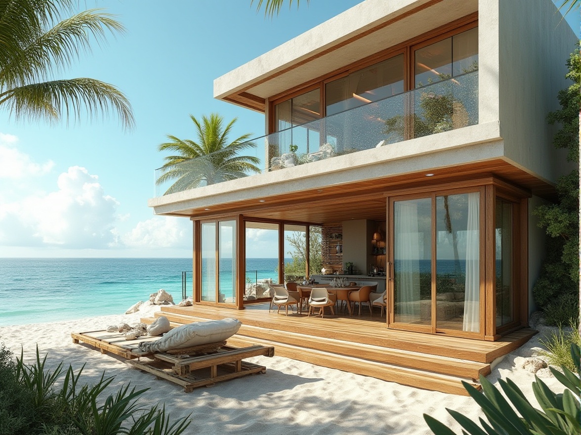 Prompt: Beach house, sustainable design, eco-friendly, coastal villa, modern architecture, large windows, sliding glass doors, ocean views, natural ventilation, solar panels, recycled materials, wooden accents, bamboo flooring, green roof, wind turbines, minimal waste, energy-efficient appliances, outdoor shower, beachy decor, nautical elements, driftwood furniture, seashell-inspired accessories, calm color palette, soft natural lighting, 3/4 composition, panoramic view.