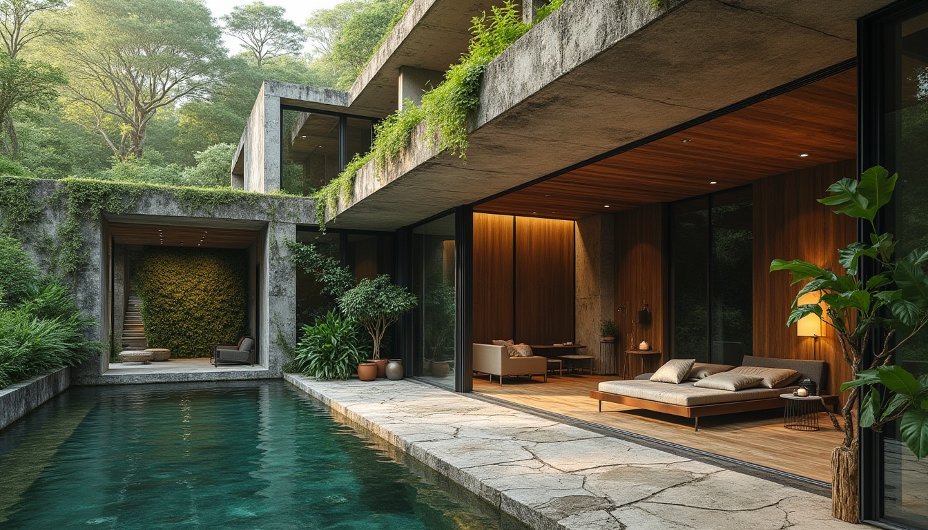 Prompt: Brutalist architecture, integrating natural elements, modern villa, luxurious interior, large windows, concrete walls, wooden accents, greenery, living wall, tropical plants, natural stone floors, minimalist decor, industrial lighting, rustic wooden beams, earthy tones, moss-covered exterior walls, serene forest surroundings, misty atmosphere, warm sunlight filtering through trees, 3/4 composition, cinematic depth of field.