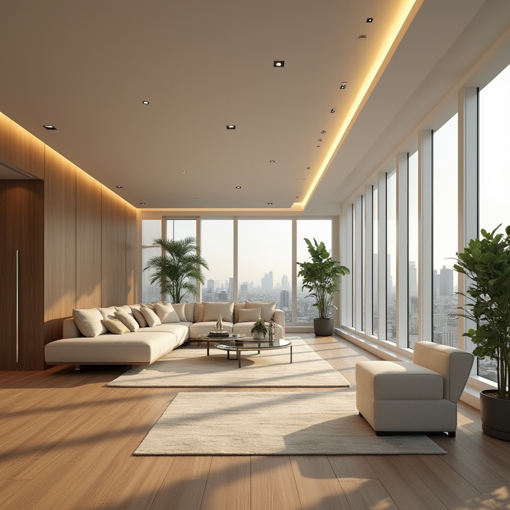 Prompt: Modern apartment interior, plateau effect, multi-level space, minimalist decor, wooden floors, low-pile carpet, cream-colored walls, sleek lines, geometric shapes, hidden lighting, ambient glow, comfortable seating area, L-shaped sofa, glass coffee table, potted plants, floor-to-ceiling windows, cityscape view, soft natural light, 3/4 composition, warm color palette.