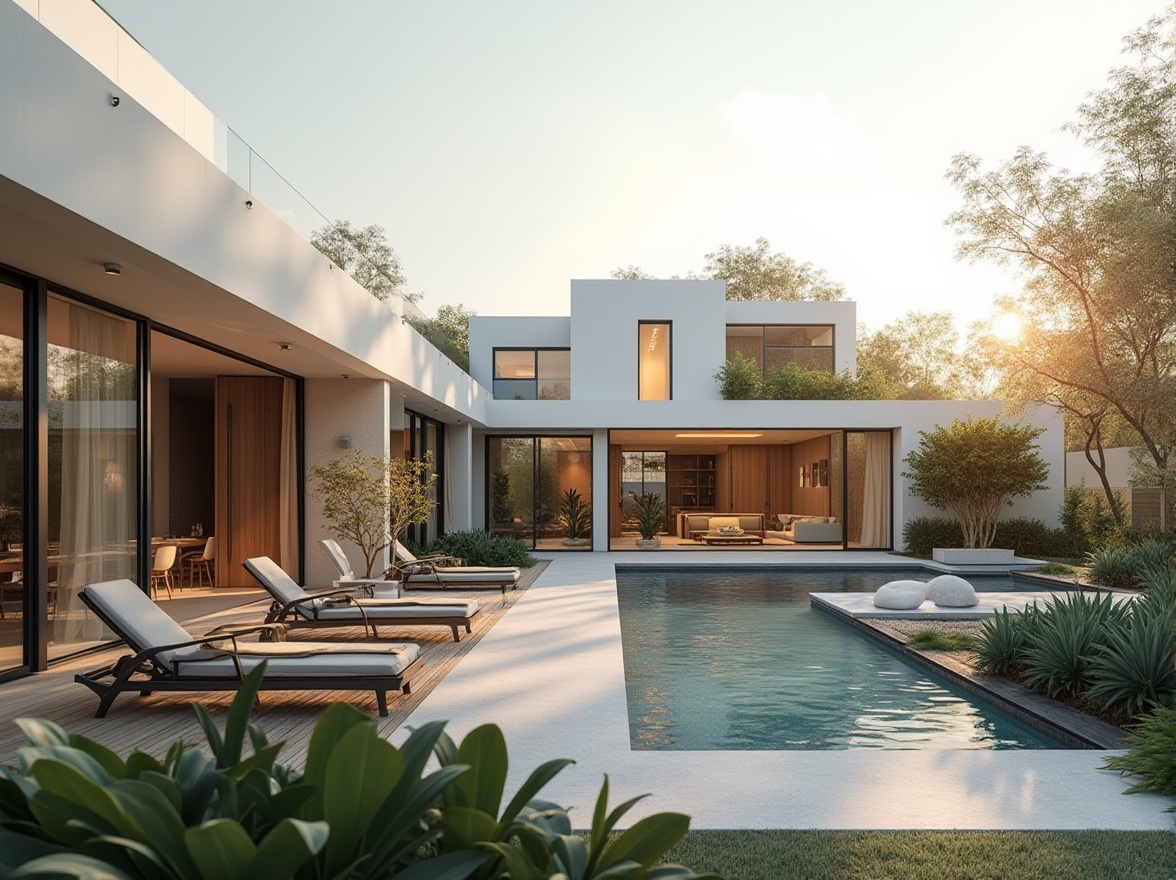 Prompt: Modern outdoor space, luxurious villa, minimalist architecture, sleek lines, geometric shapes, white walls, large windows, sliding glass doors, rooftop garden, wooden deck, lounge chairs, sectional sofas, greenery, succulents, ambient lighting, warm tone, 3/4 composition, shallow depth of field, soft focus, cinematic mood, afternoon sun, gentle shadows.