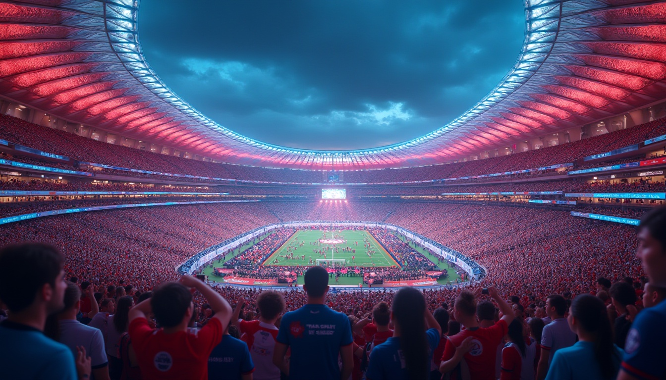 Prompt: Modern stadium, vibrant color scheme, sleek lines, dynamic curves, metallic materials, reflective surfaces, bright LED lights, evening atmosphere, warm glow, excited crowd, sports jerseys, team logos, energetic ambiance, 3/4 composition, low-angle shot, dramatic lighting, bold typography, urban landscape, cityscape background, futuristic architecture, angular structures.