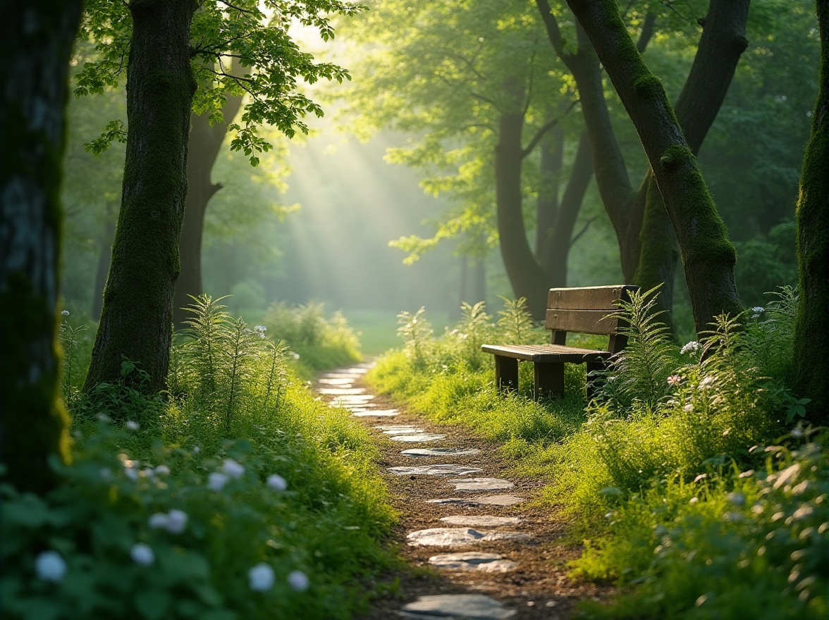 Prompt: Moss green, calming atmosphere, natural scenery, serene forest, trees with moss-covered trunks, gentle sunlight filtering through leaves, soft misty fog, peaceful ambiance, lush vegetation, vibrant ferns, delicate wildflowers, winding stone path, rustic wooden bench, morning dew, soft focus, shallow depth of field, warm natural light, cinematic composition.