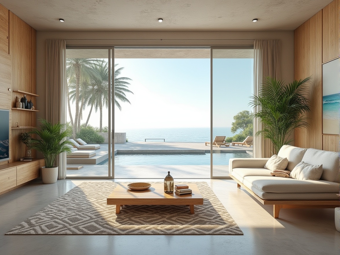 Prompt: Beach modernism design, luxurious villa, oceanfront, minimalist architecture, large glass windows, sliding doors, seamless indoor-outdoor transition, natural material, reclaimed wood, concrete floor, geometric patterned rug, low-profile furniture, pastel color palette, coastal vibe, potted palm trees, tropical plants, infinity pool, sun loungers, beachy decor, driftwood accents, ocean-inspired artwork, panoramic view, 3/4 composition, soft natural lighting, warm and airy ambiance.