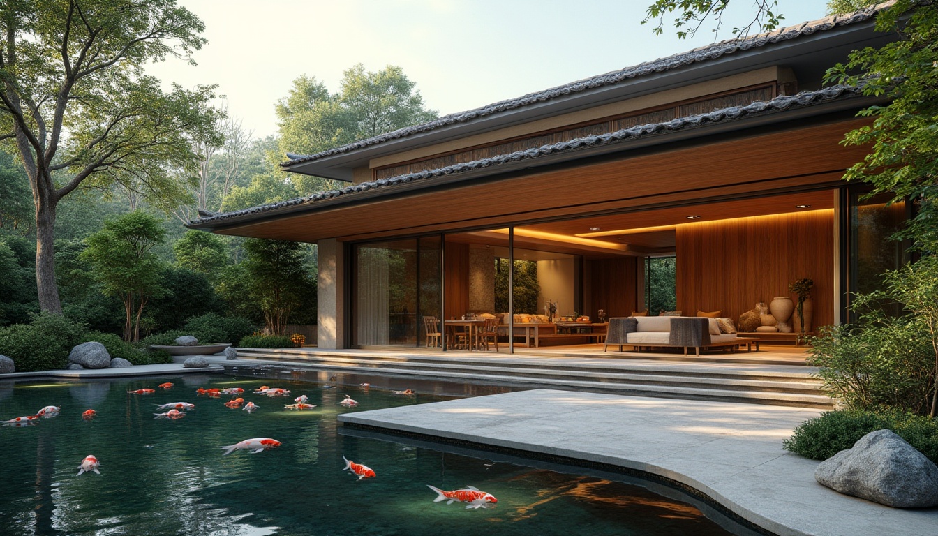 Prompt: Modern luxurious villa, fusion of traditional Japanese and modern minimalist styles, curved lines, wooden accents, sliding glass doors, lush greenery, natural stone walls, tranquil koi pond, serene water features, warm soft lighting, 3/4 composition, panoramic view, cinematic depth of field.