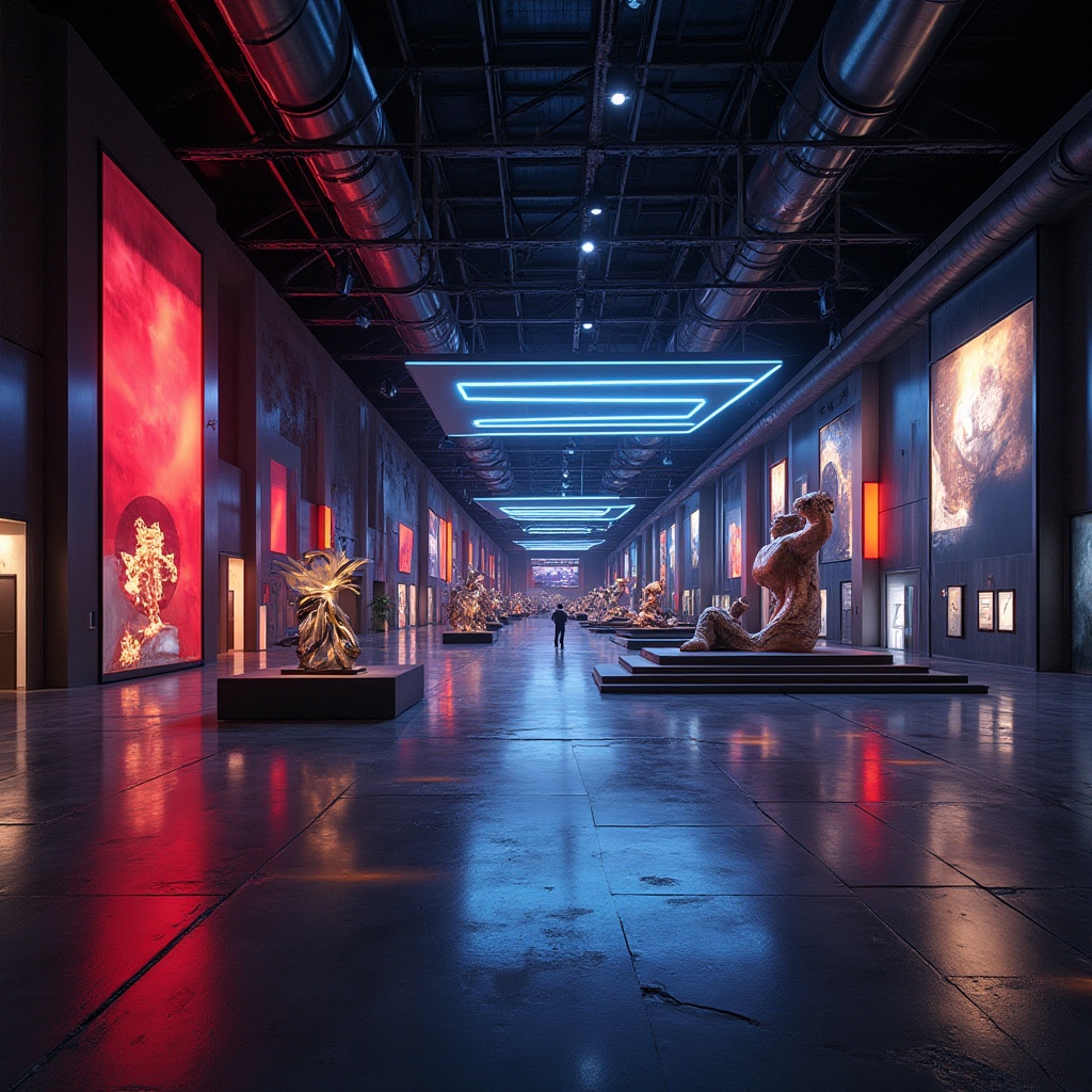 Prompt: Modern exhibition center, futuristic architecture, Expressionism style, bold geometric shapes, vibrant neon lights, dark background, dramatic shadows, sleek metal beams, abstract sculptures, interactive digital installations, panoramic view, 3/4 composition, high-contrast lighting, dynamic angles, avant-garde atmosphere.