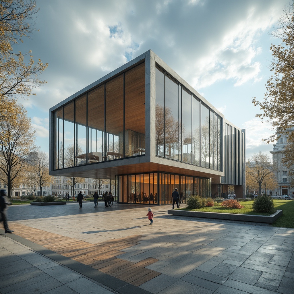 Prompt: Bauhaus pavilion, modern architecture, geometric shapes, clean lines, minimal ornamentation, functional design, steel frames, glass walls, wooden floors, natural light, open spaces, futuristic ambiance, urban landscape, city square, pedestrian traffic, sunny day, cloudy sky, dramatic shadows, 3/4 composition, low-angle shot, HDR, cinematic lighting.