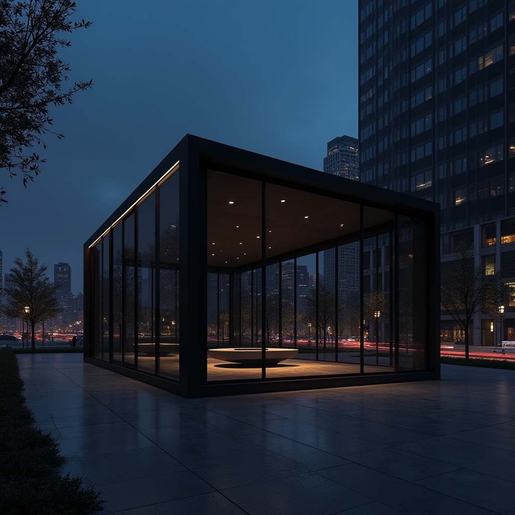 Prompt: Dark modern pavilion, sleek black metal framework, transparent glass walls, minimalist design, subtle LED lighting, evening scene, urban atmosphere, cityscape background, skyscrapers nearby, busy streets, nightlights, dramatic shadows, low-angle shot, symmetrical composition, high contrast, mysterious ambiance.