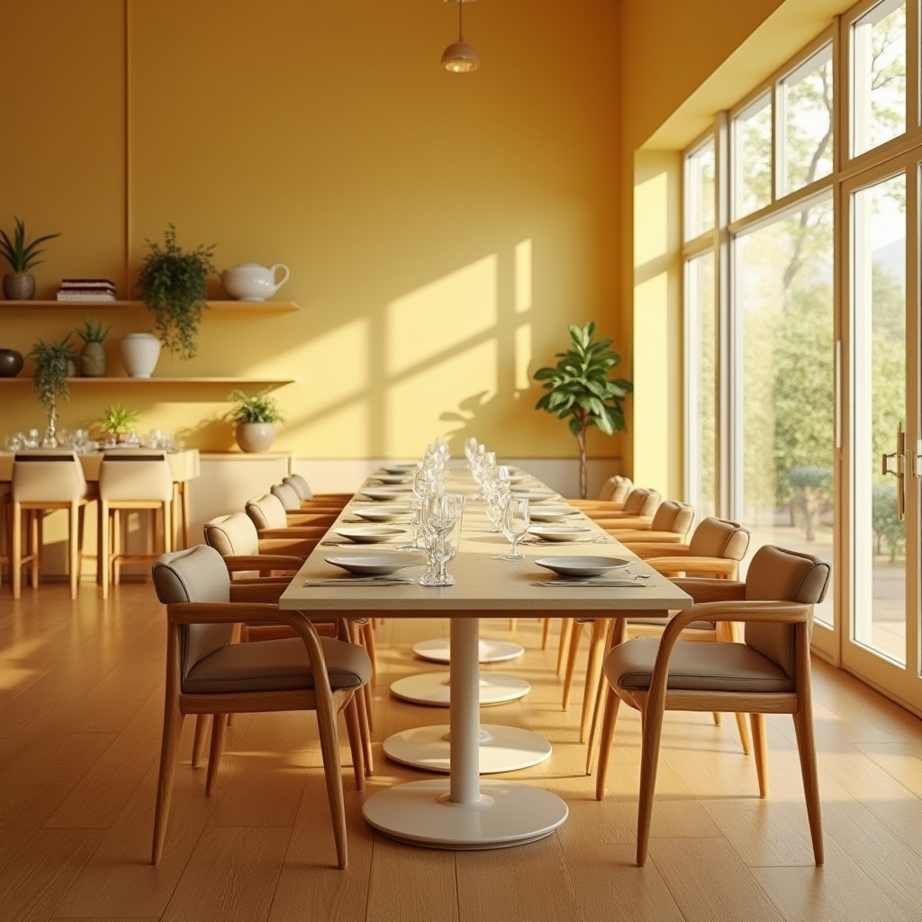 Prompt: Light yellow walls, warm wooden flooring, modern minimalist dining hall, large windows, natural light pouring in, soft diffused shadows, long rectangular table, comfortable cushioned chairs, elegant white ceramic plates, crystal glasses, simple yet sophisticated decorations, potted green plants on shelves, subtle scent of fresh coffee, afternoon ambiance, calm atmosphere, 3/4 composition, shallow depth of field, warm color temperature, inviting and cozy.