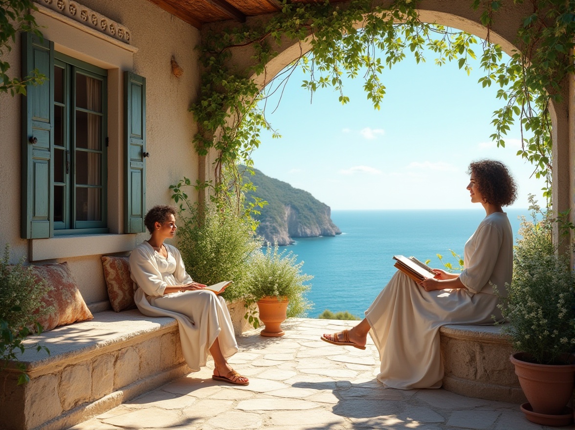 Prompt: Coastal Byzantine style house, mature lady, 40yo, short curly hair, elegant makeup, relaxed posture, linen white shirt, flowy maxi skirt, sandals, holding a book, sitting on a stone bench, surrounded by blooming flowers, vines crawling up the walls, Mediterranean sea view, clear blue sky, warm sunlight, gentle sea breeze, wooden shutters, terracotta tiles, ornate stone carvings, lush greenery, panoramic view, 3/4 composition, soft natural lighting.