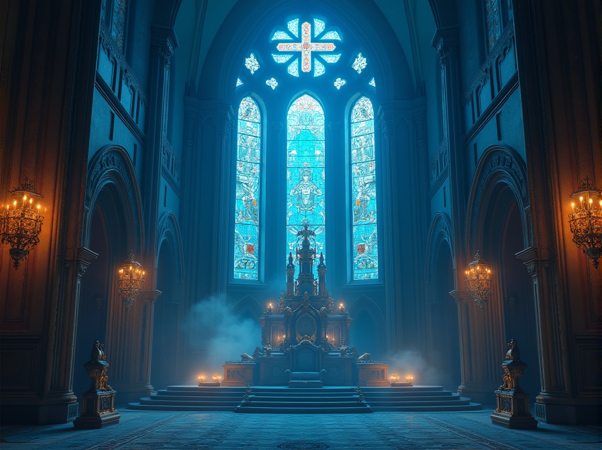 Prompt: Cerulean blue, ornate, gothic architecture, stained glass windows, intricate mosaics, grand cathedral, solemn atmosphere, soft warm lighting, subtle divine glow, sacred symbols, lavish decorations, regal throne, ornate gold accents, mystical ambiance, dreamy fog, misty dawn, vertical composition, symmetrical framing, dramatic shadows.