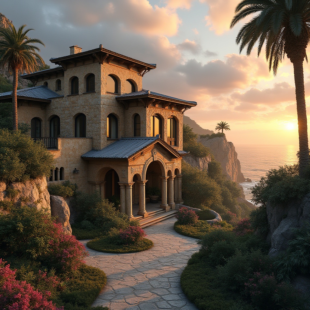 Prompt: Coastal Romanesque architecture, seaside villa, corrugated metal roof, weathered bronze accents, ornate stone walls, curved archways, grand entrance, sprawling gardens, palm trees, blooming flowers, winding stone paths, ocean views, dramatic sunset, warm golden lighting, soft misty atmosphere, cinematic composition, 3/4 view, shallow depth of field.