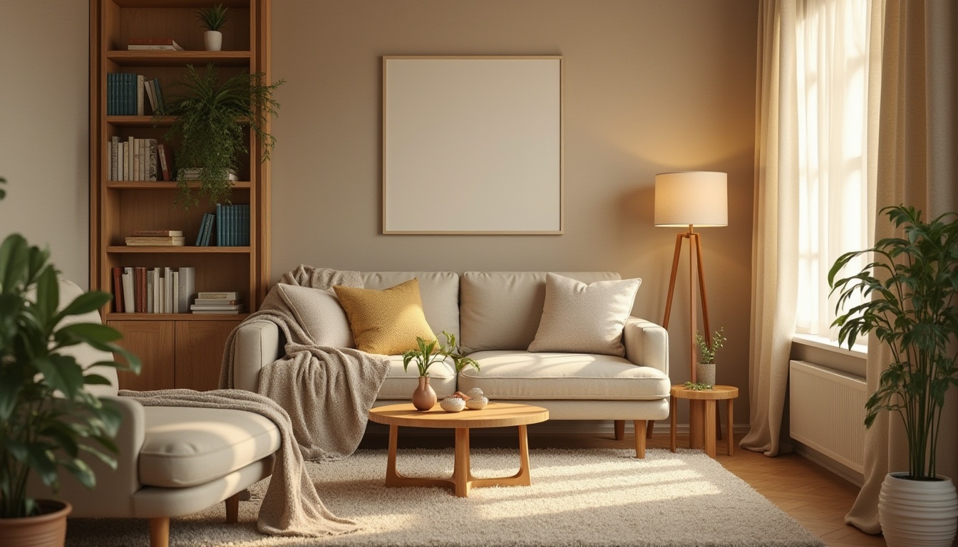 Prompt: Cozy atmosphere, beige color scheme, warm soft lighting, plush carpet, comfortable sofa, fluffy throw pillows, wooden coffee table, vintage lamp, bookshelf, calm plants, peaceful ambiance, natural texture, soft focus, 3/4 composition, warm colors, inviting mood.