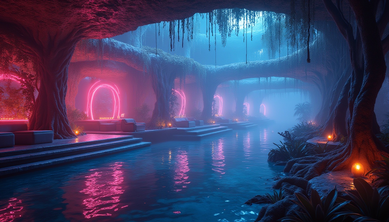 Prompt: Neon-lit nightclubs, futuristic architecture, reflective surfaces, metallic materials, iridescent colors, misty atmosphere, wetland environments, murky waters, twisted mangrove roots, glowing aquatic plants, soft pulsing lights, eerie fog, mysterious ambiance, 3/4 composition, low-angle shot, cinematic lighting, shallow depth of field, vibrant nightlife, humid climate, tropical vegetation, exotic flowers, water-resistant furniture, LED installations.