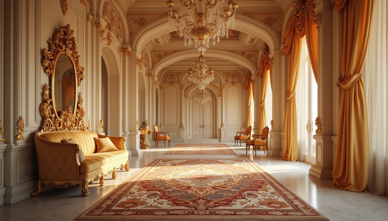 Prompt: Baroque style interior, luxurious cream color walls, intricate golden ornaments, ornate chandeliers, velvet drapes, lavish furniture, carved wooden frames, richly patterned rugs, elegant archways, dramatic lighting, warm soft focus, shallow depth of field, 3/4 composition, Renaissance-inspired, opulent ambiance.