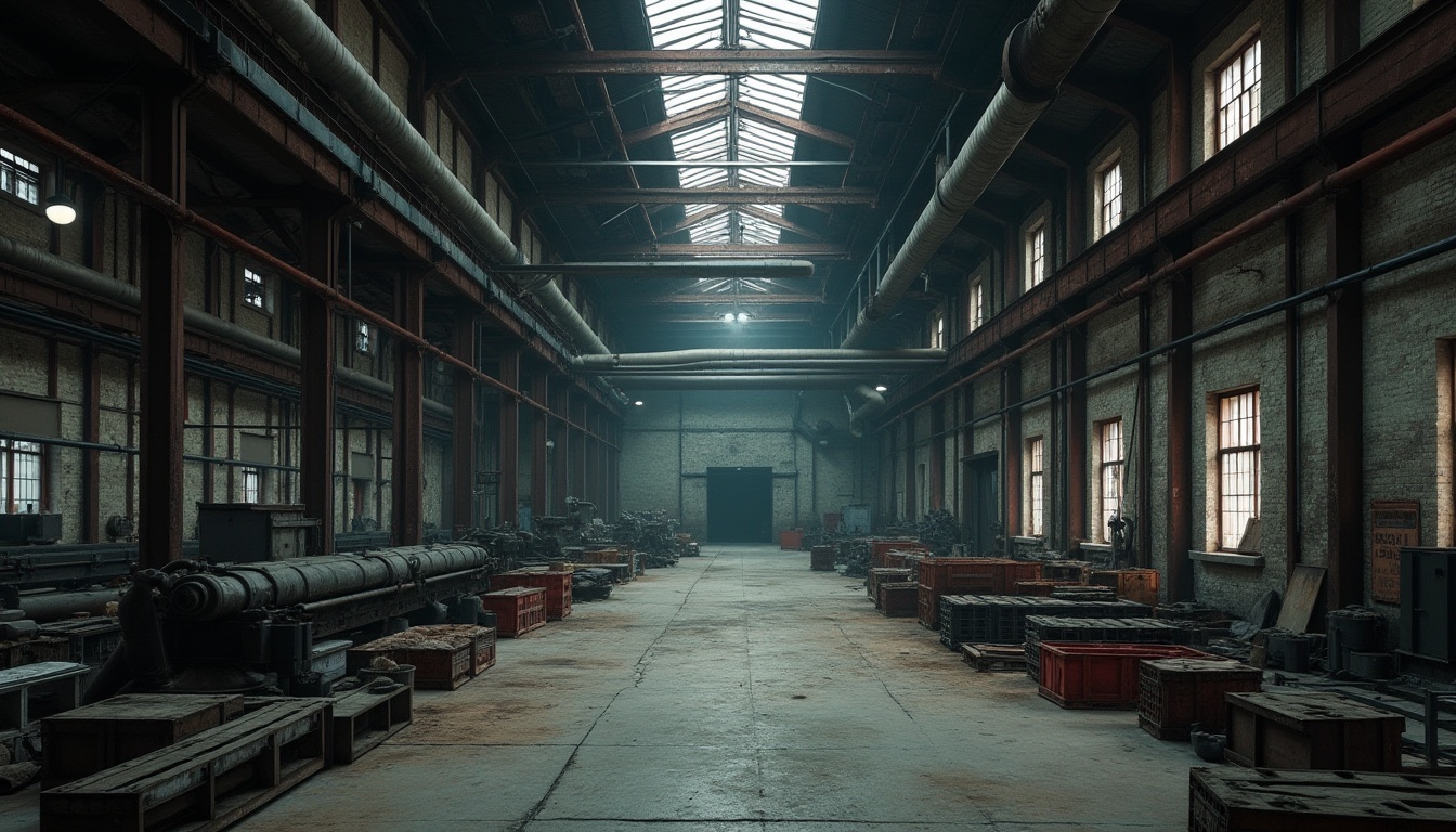 Prompt: Industrial factory, abandoned warehouse, rusty metal beams, concrete floor, dim fluorescent lights, old machinery, pipes on ceiling, worn-out conveyor belts, scattered tools, dusty crates, brick walls, steel doors, urban atmosphere, gloomy tone, high contrast, sharp lines, dramatic shadows, cinematic composition, wide-angle lens.