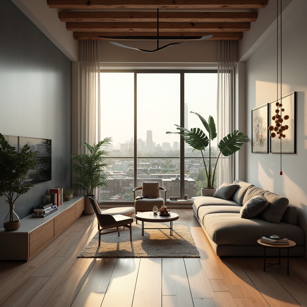 Prompt: Modern interior design, functional spaces, stylish decor, contemporary furniture, wooden floor, minimalist walls, large windows, natural light, urban loft, city view, afternoon sunlight, 3/4 composition, shallow depth of field, softbox lighting, cinematic mood.