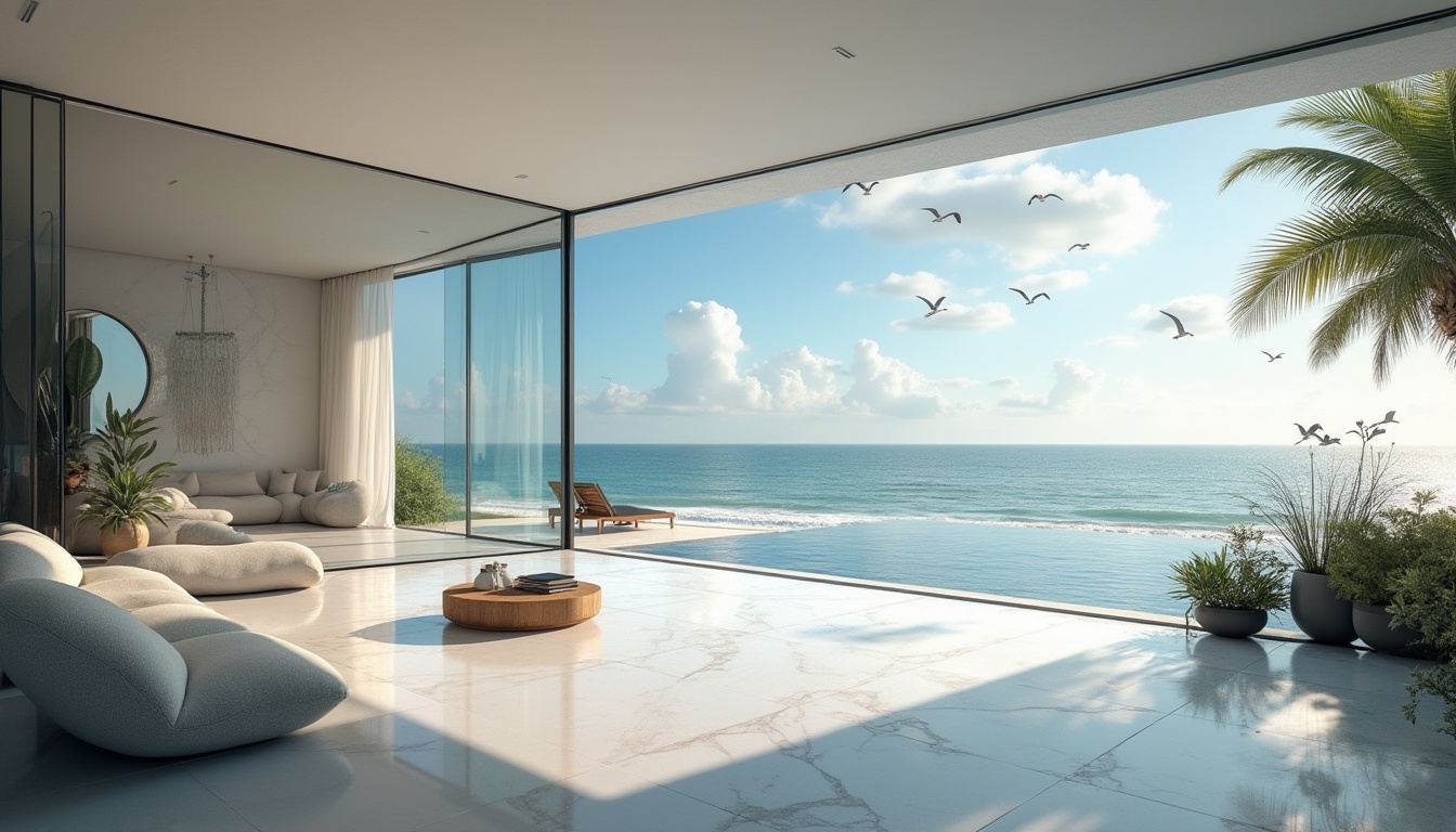 Prompt: Modern beach house, luxurious villa, glass walls, minimalist interior, sleek lines, monochromatic color scheme, polished marble floors, low-profile furniture, abstract art pieces, floor-to-ceiling windows, sliding glass doors, ocean view, sunny day, clear blue sky, puffy white clouds, tropical plants, palm trees, sandy beach, gentle waves, seagulls flying overhead, warm sunlight, soft focus, shallow depth of field, cinematic composition, 3/4 shot.