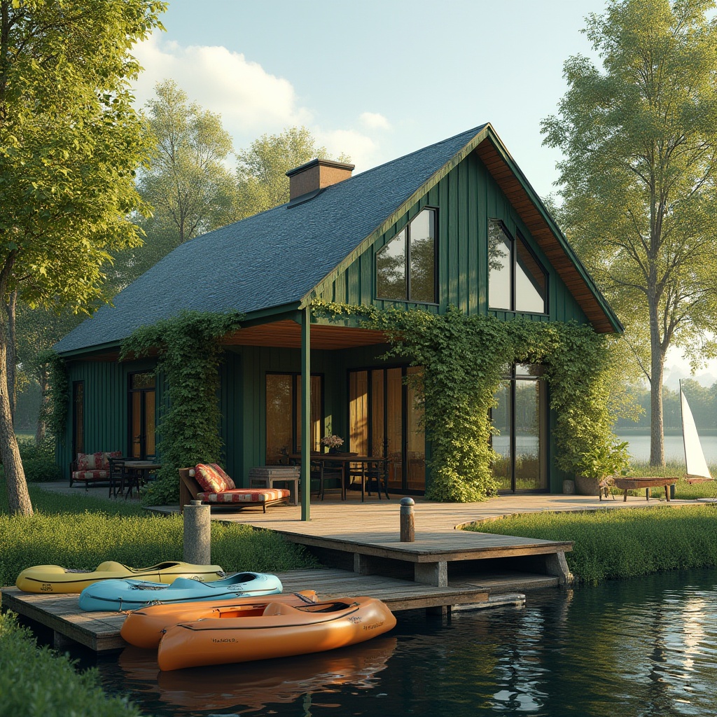 Prompt: Lakefront barn, green architecture, rustic wooden exterior, vine-covered walls, large glass windows, sliding doors, outdoor seating area, wooden dock, sailboats, kayaks, lakeside trees, serene atmosphere, warm natural lighting, 3/4 composition, panoramic view, soft focus on background, vibrant summer colors, realistic textures.