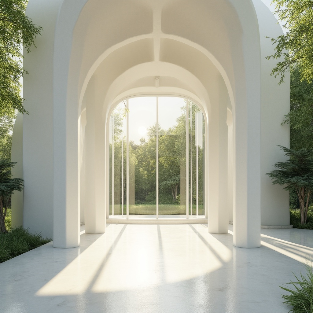 Prompt: Modern pavilion, white plaster material, smooth texture, curved lines, minimalist design, natural light pouring through large glass windows, subtle shadows, elegant columns, sleek floor, lush greenery surrounding, peaceful atmosphere, afternoon sun, soft warm lighting, 3/4 composition, shallow depth of field.