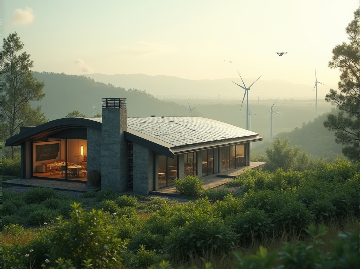 Prompt: Rural landscape, futuristic farmhouse, solar panels on roof, wind turbines in distance, lush greenery surrounding, modern LED grow lights, hydroponic garden, robotic farming tools, drone flying overhead, misty morning atmosphere, soft warm lighting, panoramic view, cinematic composition, natural stone walls, metal accents, minimalist design, eco-friendly materials, curved lines, futuristic architecture blending with traditional rural surroundings.