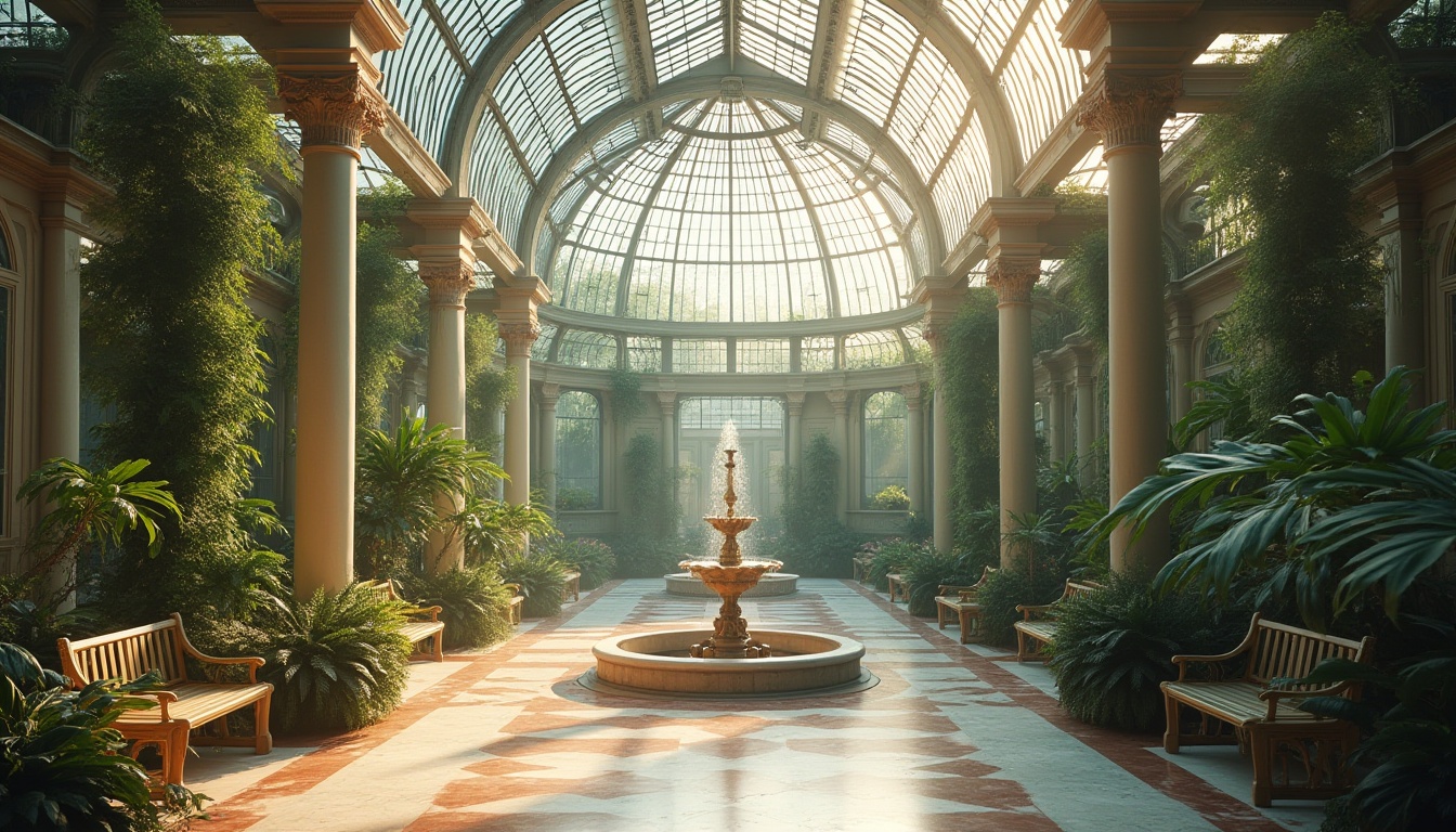 Prompt: Elegant greenhouse, neoclassical architecture, grandiose glass dome, intricate iron framework, lush greenery, tropical plants, vines crawling up columns, ornate fountains, soft natural light filtering through the glass, warm misty atmosphere, marble floors, elegant benches, refined statues, Victorian-era-inspired decorations, subtle color palette, pastel shades, 3/4 composition, symmetrical framing, shallow depth of field, cinematic lighting, warm ambient glow.