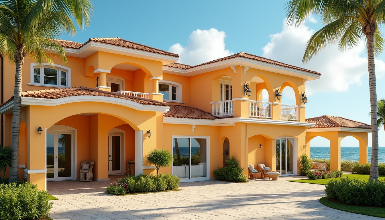 Prompt: Vibrant tangerine color, coastal home exterior, Mediterranean style, stucco walls, white trim, rounded arches, large windows, sliding glass doors, palm trees, lush greenery, ocean view, beachy vibe, warm sunny day, clear blue sky, few puffy clouds, soft natural lighting, 3/4 composition, bright and airy atmosphere.